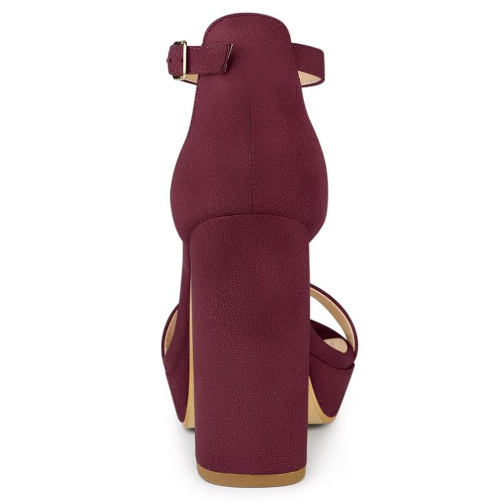 Ankle Strap Burgundy Platform Chunky High Heel Sandals - Picture 3 of 6